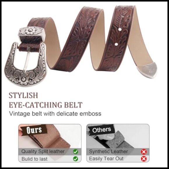 Western Cowboy Belt Vintage Floral Carved Design PU Leather Slim Fit main image 4